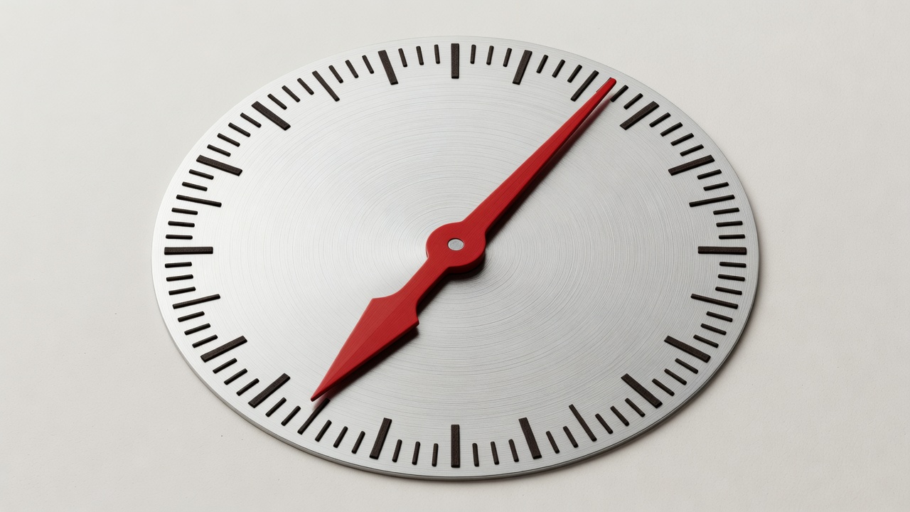 A silver measuring dial with a crimson pointer and unnumbered charcoal reference marks