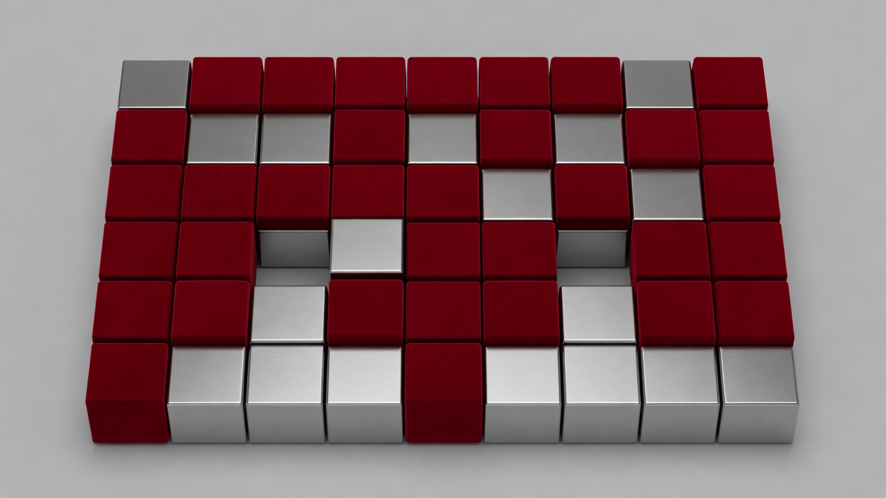 A modular monthly calendar made of crimson and silver blocks with intentionally empty spaces