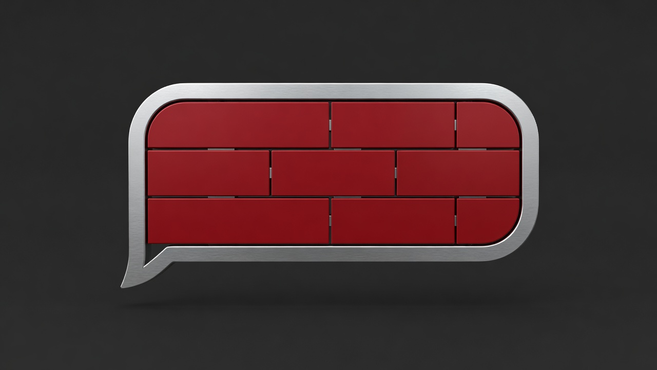 A modular silver message bubble with crimson content blocks arranged on a charcoal background